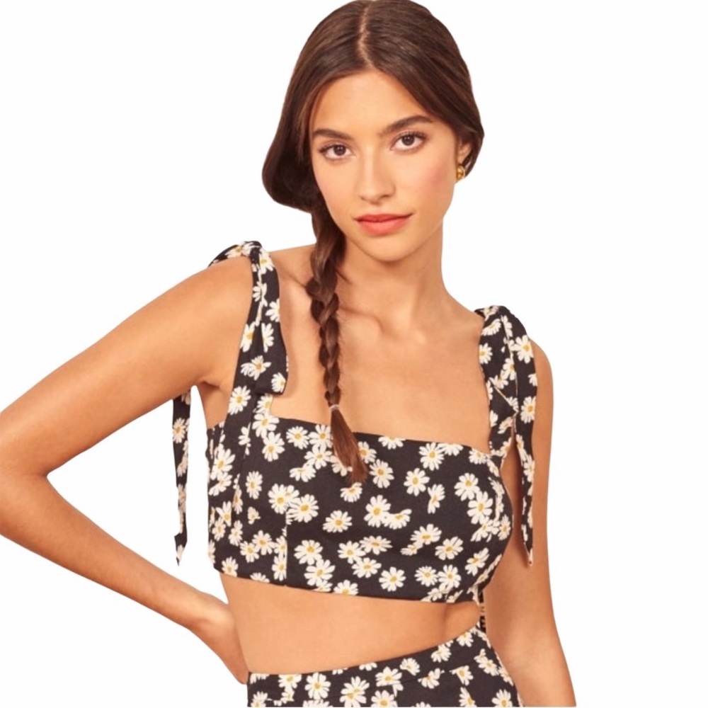 REFORMATION Tiki Print Tie Shoulder Cropped Top
